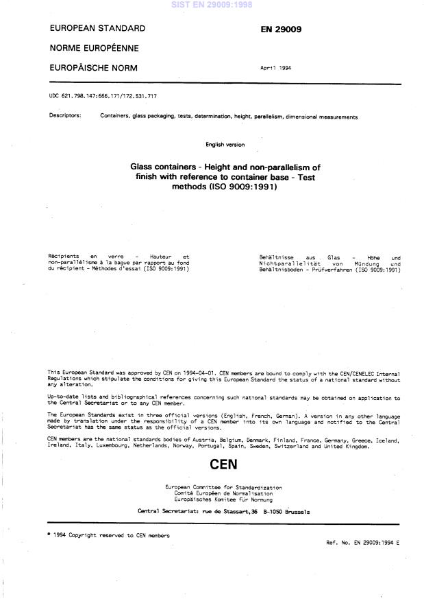 EN 29009:1994 - Glass containers - Height and non-parallelism of finish ...