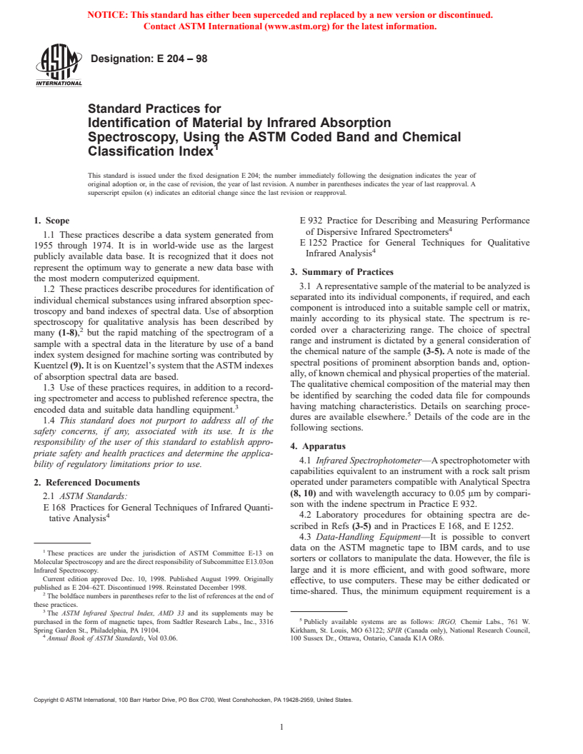 ASTM E204-98 - Standard Practices for Identification of Material by Infrared Absorption Spectroscopy, Using the ASTM Coded Band and Chemical Classification Index