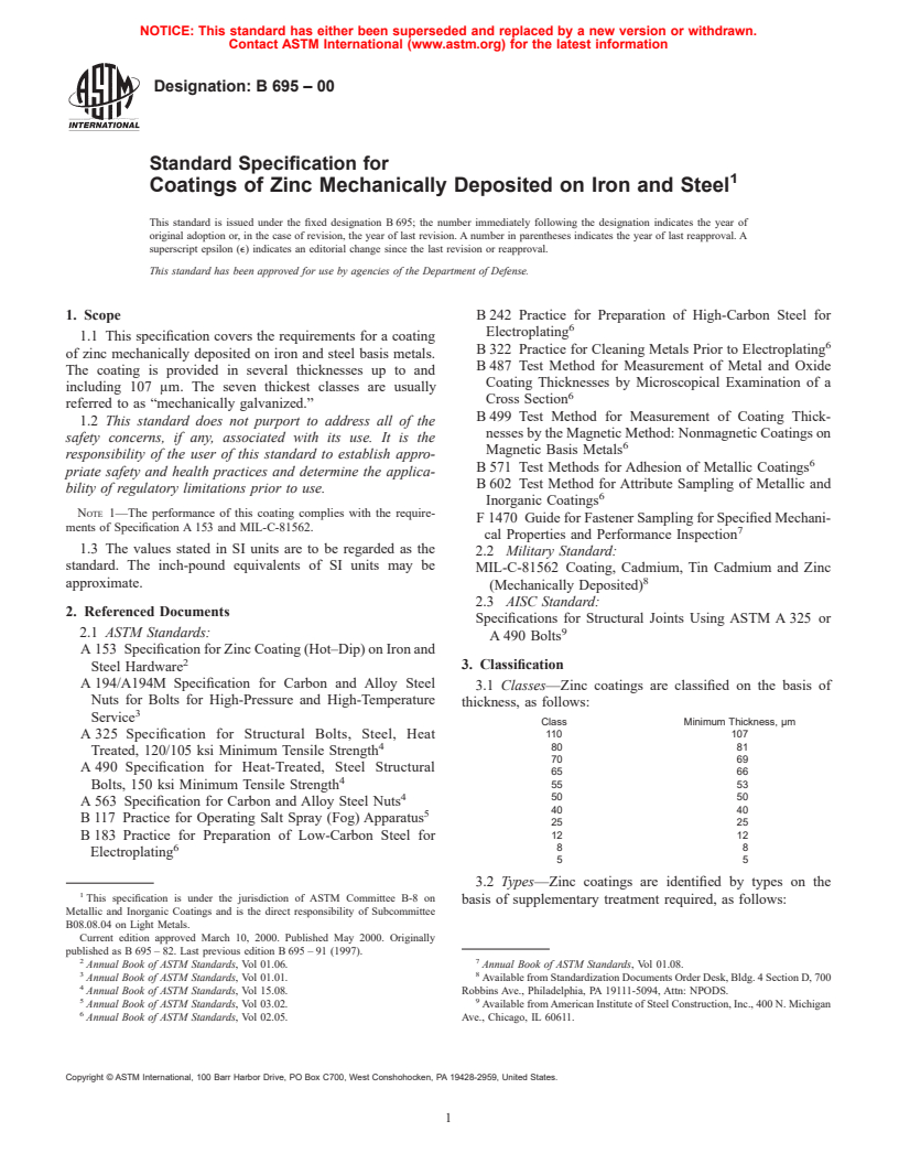 ASTM B695-00 - Standard Specification for Coatings of Zinc Mechanically Deposited on Iron and Steel