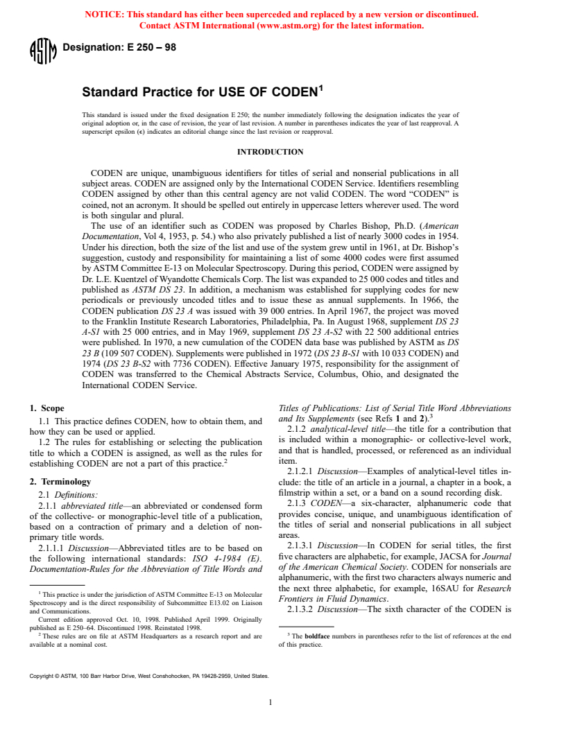 ASTM E250-98 - Standard Practice for USE OF CODEN