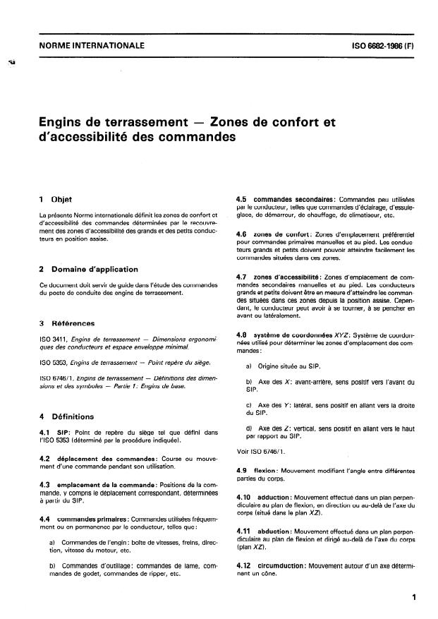 ISO 6682:1986 - Engins de terrassement -- Zones de confort et d'accessibilité des commandes