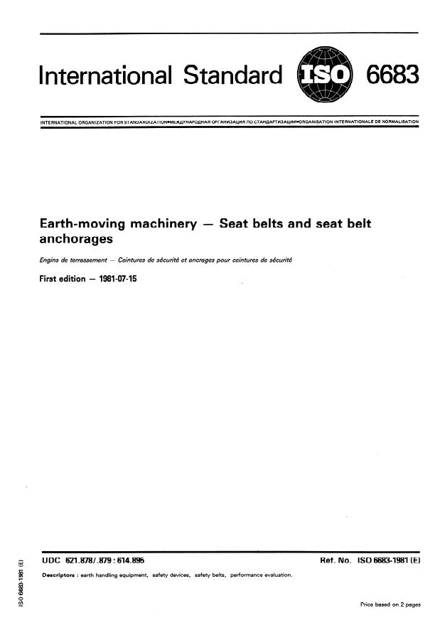 ISO 6683:1981 - Earth-moving machinery -- Seat belts and seat belt anchorages