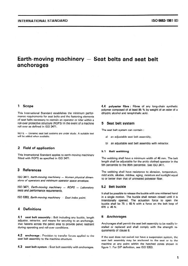ISO 6683:1981 - Earth-moving machinery -- Seat belts and seat belt anchorages