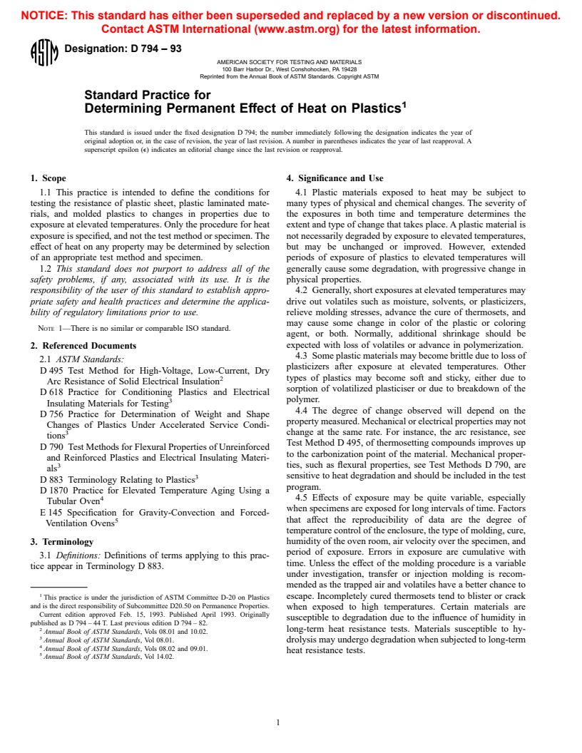 ASTM D794-93 - Practice for Determining Permanent Effect of Heat on Plastics (Withdrawn 1998)