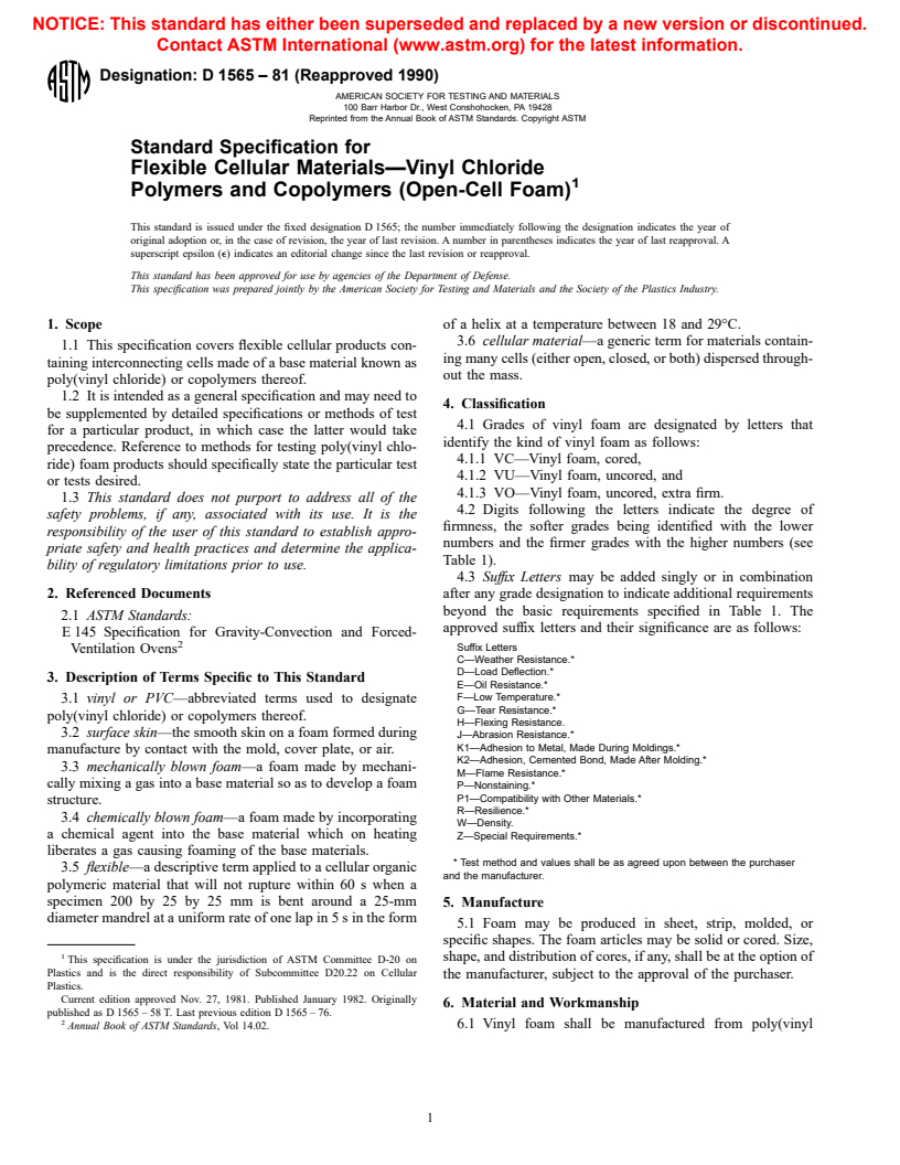 ASTM D1565-81(1990) - Specification for Flexible Cellular Materials-Vinyl Chloride Polymers and Copolymers (Open-Cell Foam) (Withdrawn 1998)