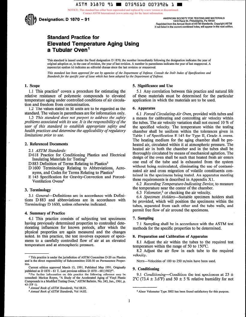 ASTM D1870-91 - Practice for Elevated Temperature Aging Using a Tubular Oven (Withdrawn 1998)