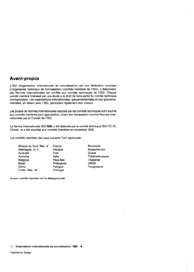 ISO 6685:1982 ISO 6685:1982 - Produits chimiques a usage industriel -- Méthode générale de dosage du fer -- Méthode spectrophotométrique a la phénanthroline-1,10 - Page 2 preview
