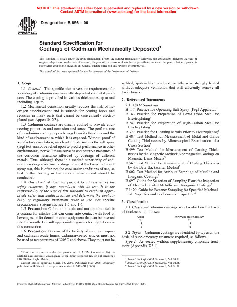 ASTM B696-00 - Standard Specification for Coatings of Cadmium Mechanically Deposited