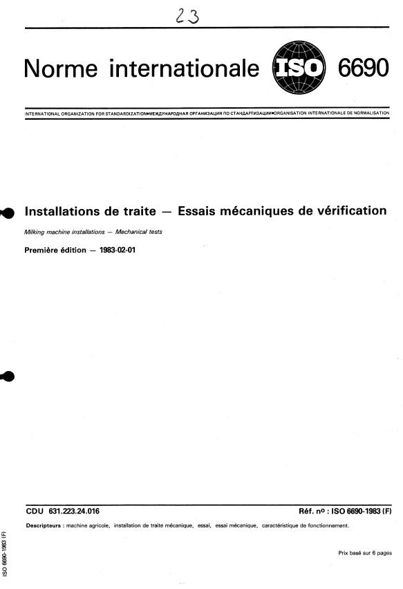 ISO 6690:1983 - Installations de traite -- Essais mécaniques de vérification