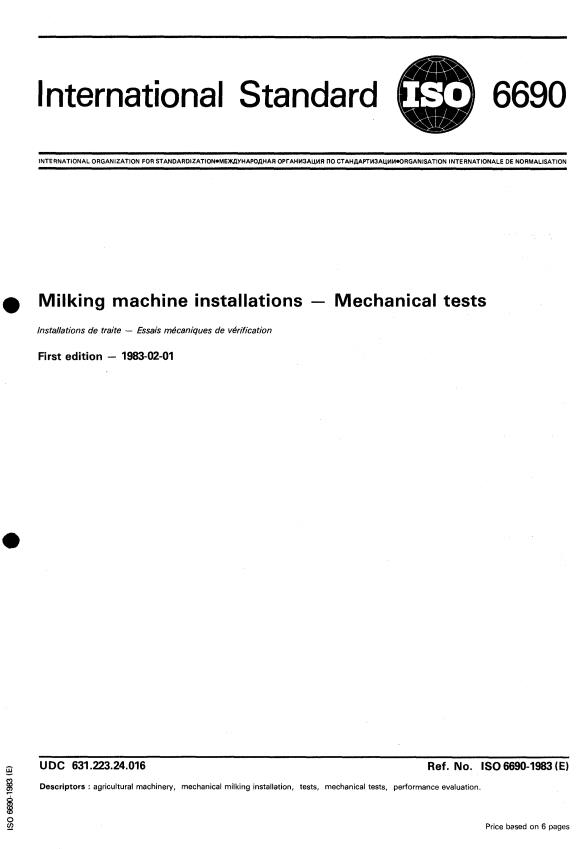 ISO 6690:1983 - Milking machine installations -- Mechanical tests