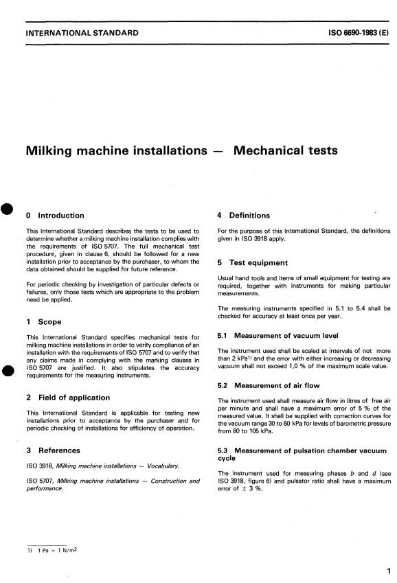 ISO 6690:1983 - Milking machine installations -- Mechanical tests