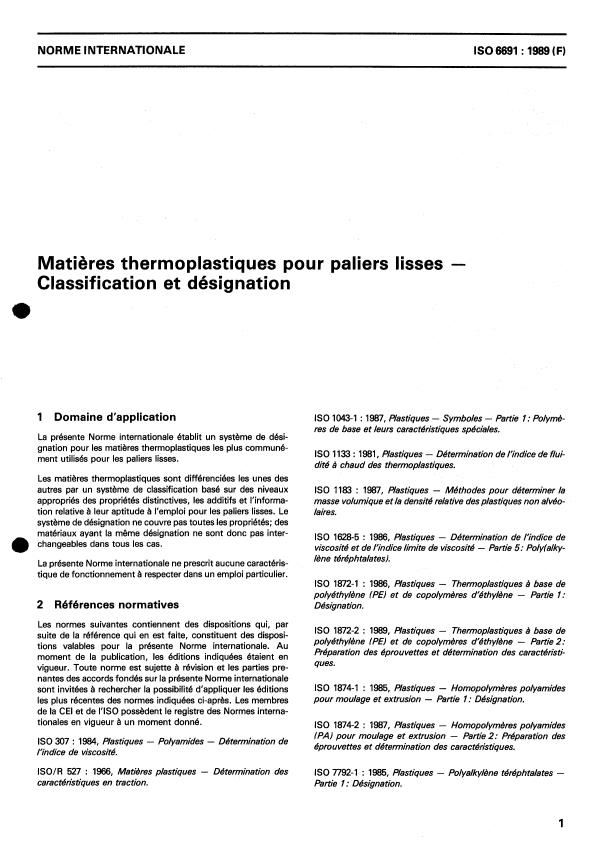 ISO 6691:1989 - Matieres thermoplastiques pour paliers lisses -- Classification et désignation