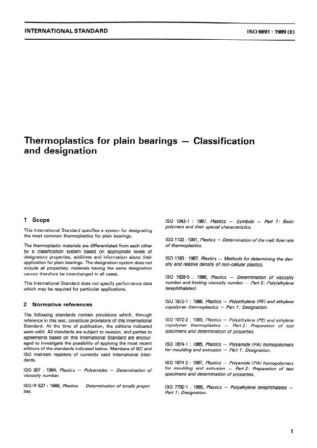 ISO 6691:1989 - Thermoplastics for plain bearings -- Classification and designation