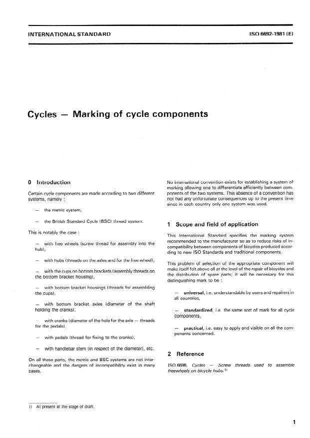 ISO 6692:1981 - Cycles -- Marking of cycle components