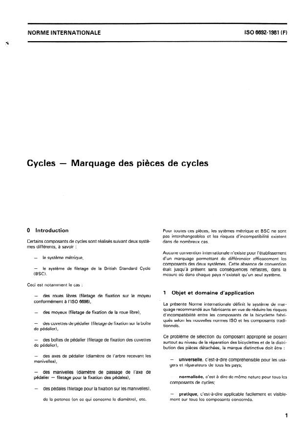 ISO 6692:1981 - Cycles -- Marquage des pieces de cycles