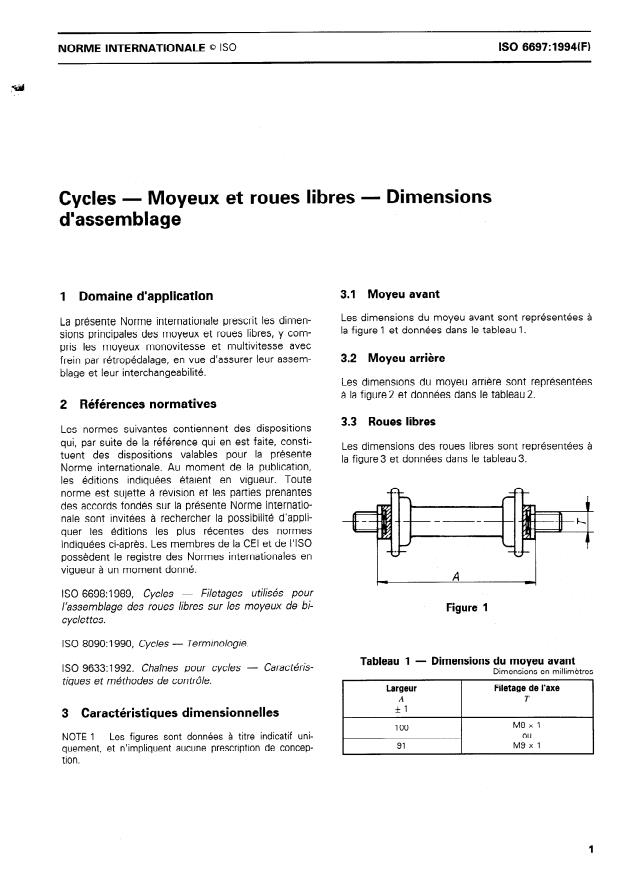 ISO 6697:1994 - Cycles -- Moyeux et roues libres -- Dimensions d'assemblage