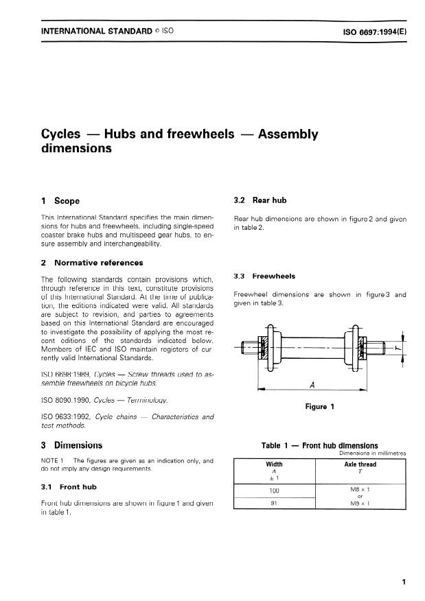 ISO 6697:1994 - Cycles -- Hubs and freewheels -- Assembly dimensions