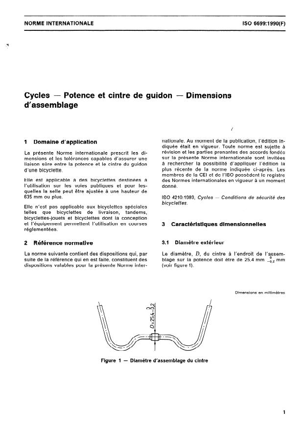 ISO 6699:1990 - Cycles -- Potence et cintre de guidon -- Dimensions d'assemblage