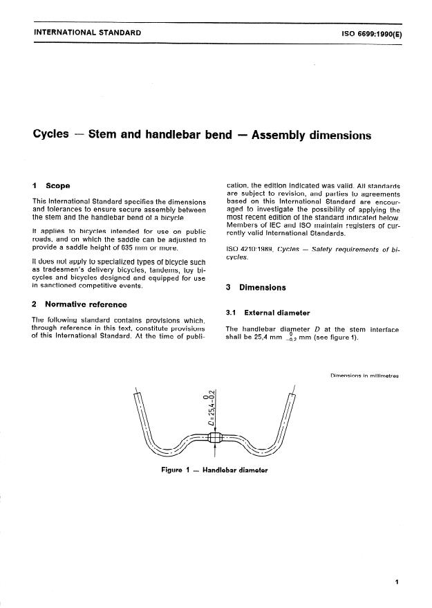 ISO 6699:1990 - Cycles -- Stem and handlebar bend -- Assembly dimensions