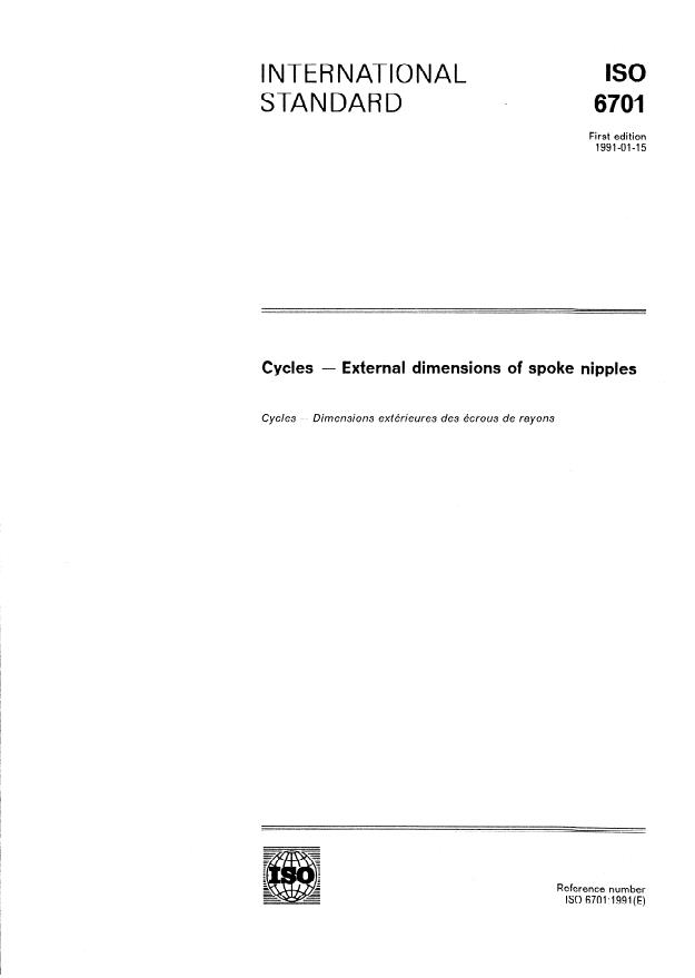 ISO 6701:1991 - Cycles -- External dimensions of spoke nipples