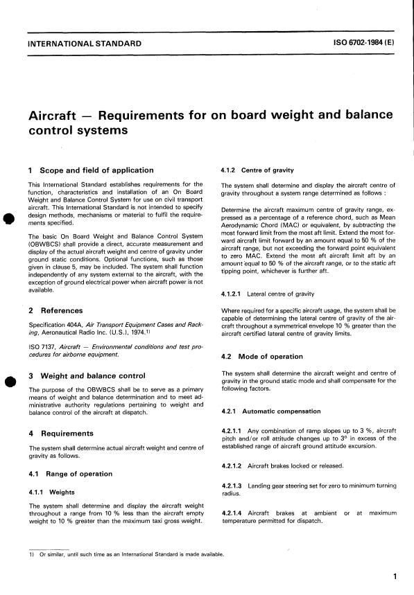 ISO 6702:1984 - Aircraft -- Requirements for on board weight and balance control systems