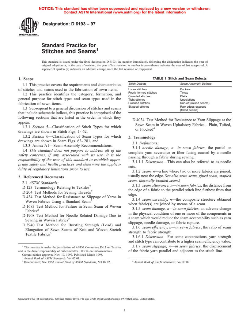 ASTM D6193-97 - Standard Practice for Stitches and Seams