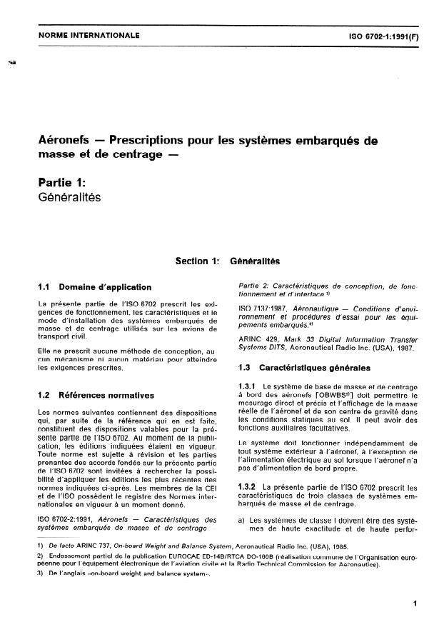 ISO 6702-1:1991 - Aéronefs -- Prescriptions pour les systemes embarqués de masse et de centrage