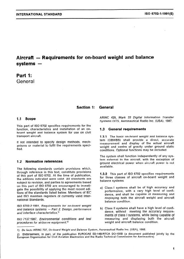 ISO 6702-1:1991 - Aircraft -- Requirements for on-board weight and balance systems