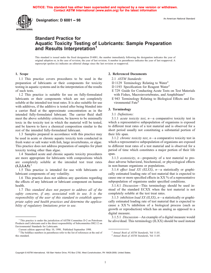 ASTM D6081-98 - Standard Practice for Aquatic Toxicity Testing of Lubricants: Sample Preparation and Results Interpretation