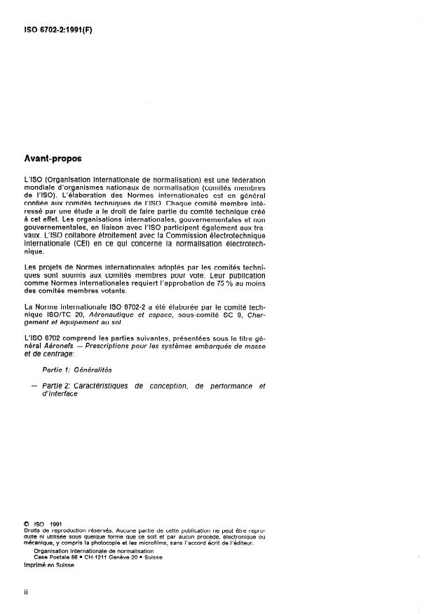 ISO 6702-2:1991 ISO 6702-2:1991 - Aéronefs -- Prescriptions pour les systemes embarqués de masse et de centrage - Page 2 preview