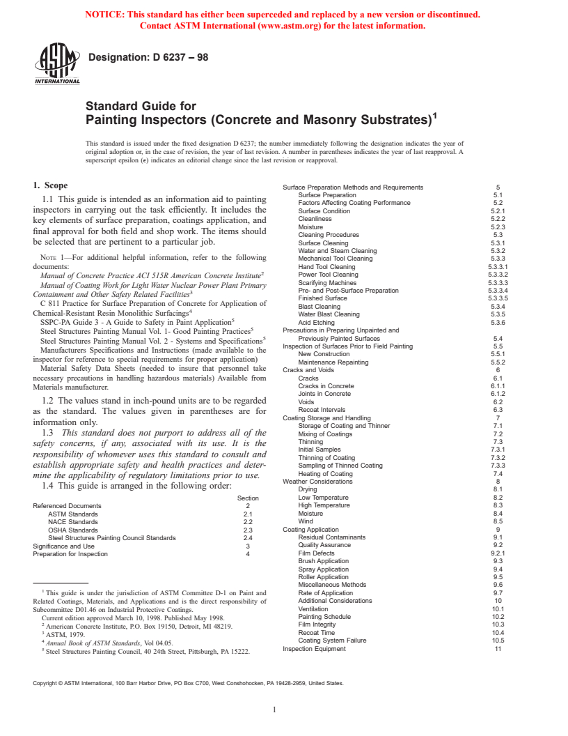 ASTM D6237-98 - Standard Guide for Painting Inspectors (Concrete and Masonry Substrates)