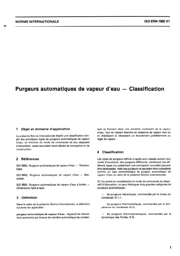 ISO 6704:1982 - Purgeurs automatiques de vapeur d'eau -- Classification