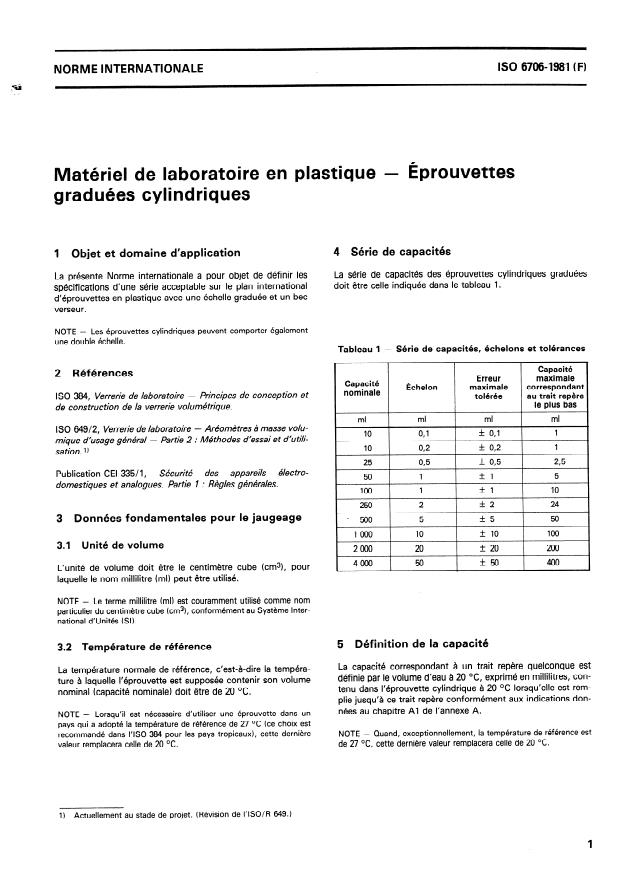 ISO 6706:1981 - Matériel de laboratoire en plastique -- Éprouvettes graduées cylindriques