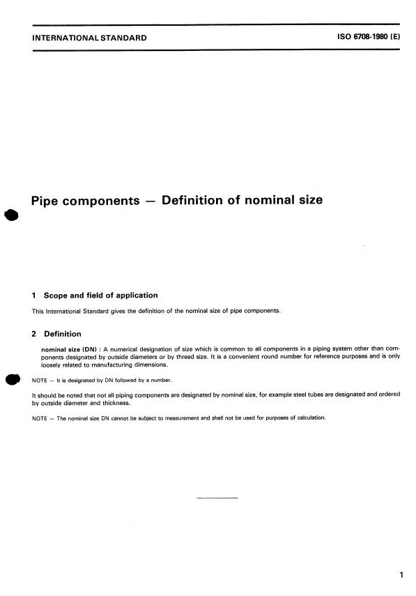 ISO 6708:1980 - Pipe components -- Definition of nominal size