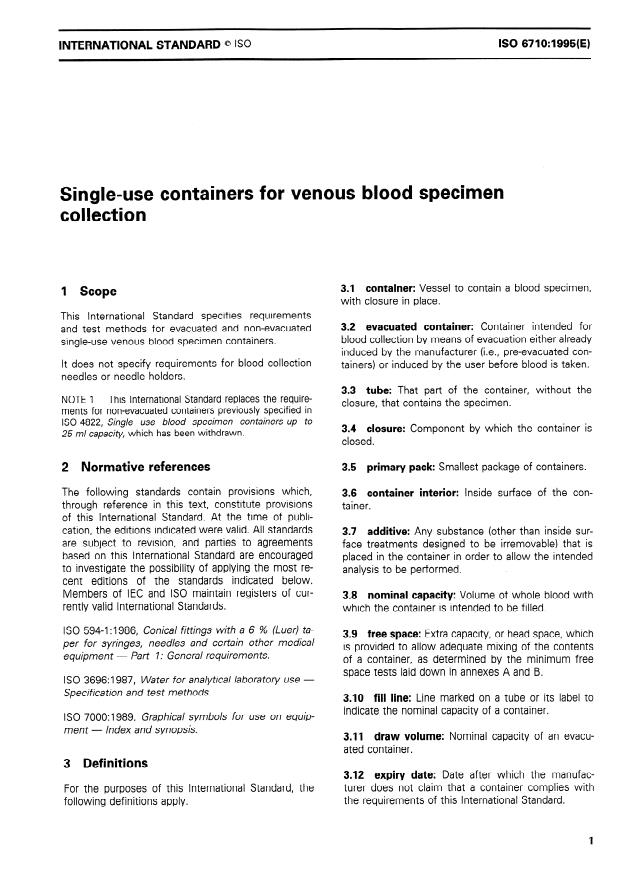 ISO 6710:1995 - Single-use containers for venous blood specimen collection
