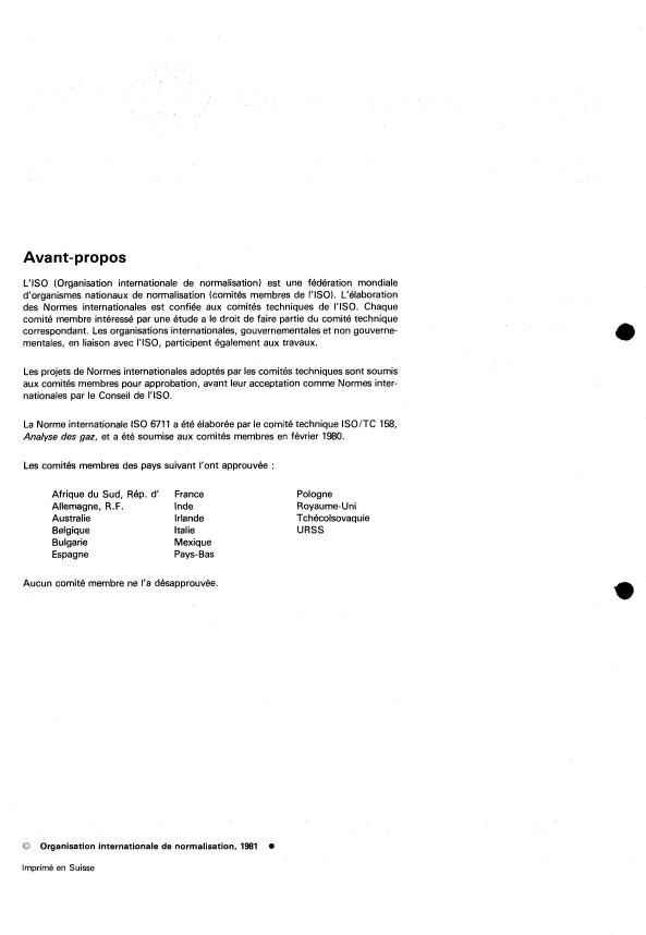 ISO 6711:1981 ISO 6711:1981 - Analyse des gaz -- Vérification des mélanges de gaz pour étalonnage par une méthode de comparaison - Page 2 preview