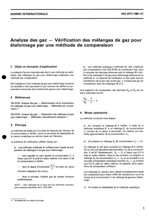 ISO 6711:1981 ISO 6711:1981 - Analyse des gaz -- Vérification des mélanges de gaz pour étalonnage par une méthode de comparaison - Page 3 preview