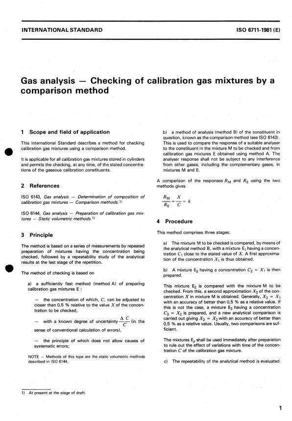 ISO 6711:1981 ISO 6711:1981 - Gas analysis -- Checking of calibration gas mixtures by a comparison method - Page 3 preview