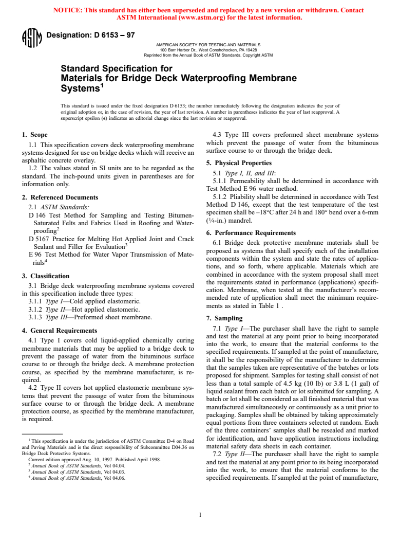ASTM D6153-97 - Standard Specification for Materials for Bridge Deck Waterproofing Membrane Systems