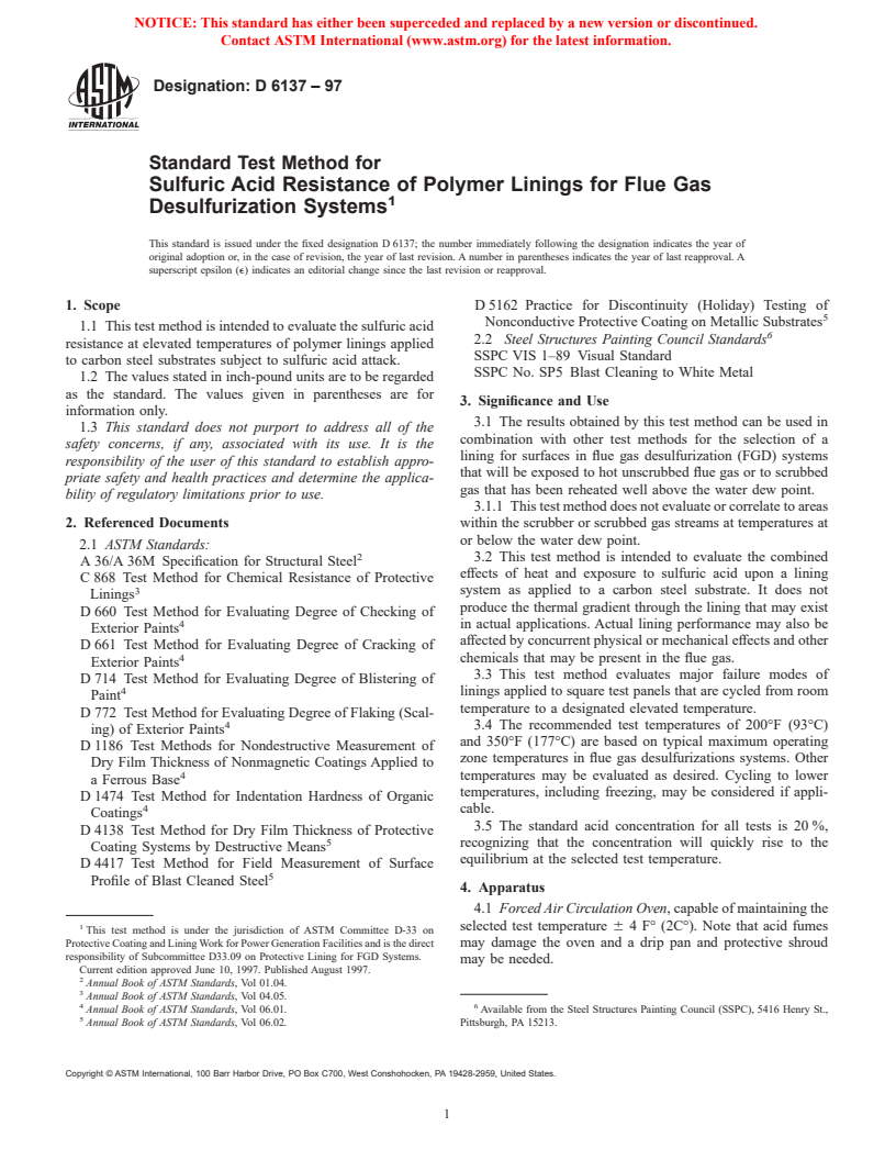 ASTM D6137-97 - Standard Test Method for Sulfuric Acid Resistance of Polymer Linings for Flue Gas Desulfurization Systems