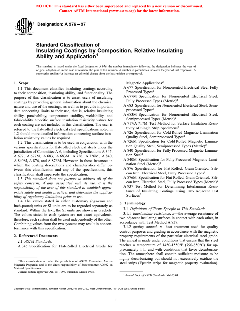 ASTM A976-97 - Standard Classification of Insulating Coatings by Composition, Relative Insulating Ability and Application