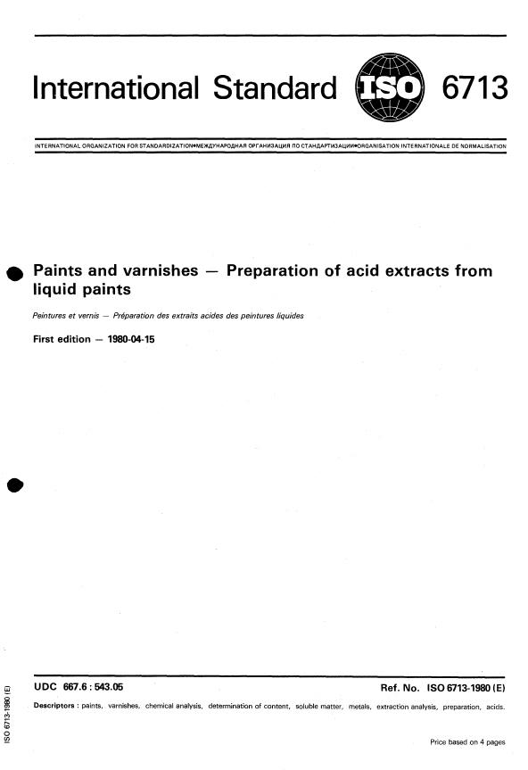 ISO 6713:1980 - Paints and varnishes -- Preparation of acid extracts from liquid paints