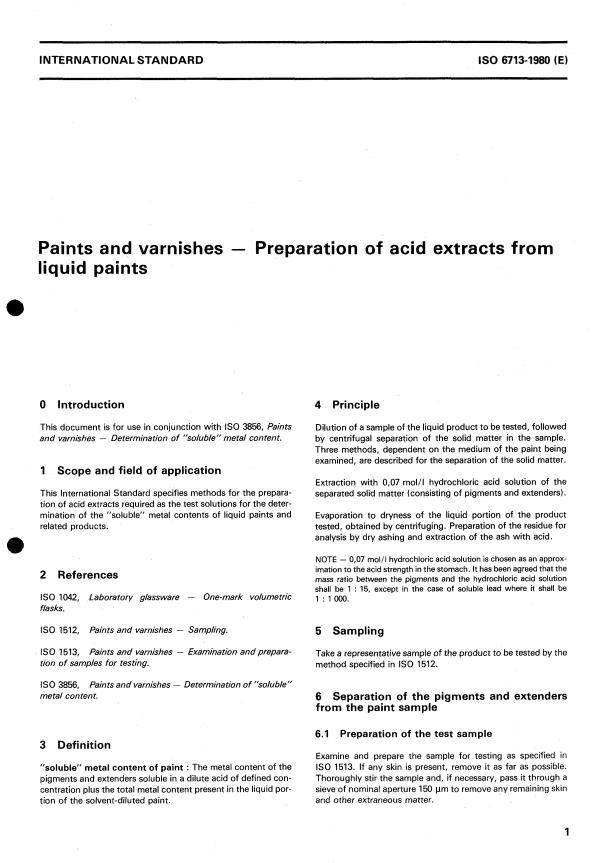 ISO 6713:1980 - Paints and varnishes -- Preparation of acid extracts from liquid paints