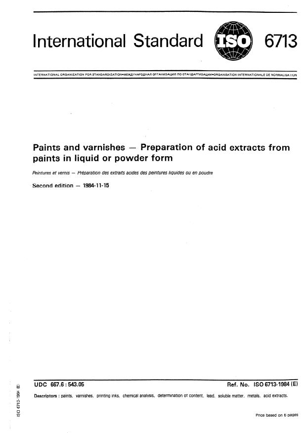 ISO 6713:1984 - Paints and varnishes -- Preparation of acid extracts from paints in liquid or powder form