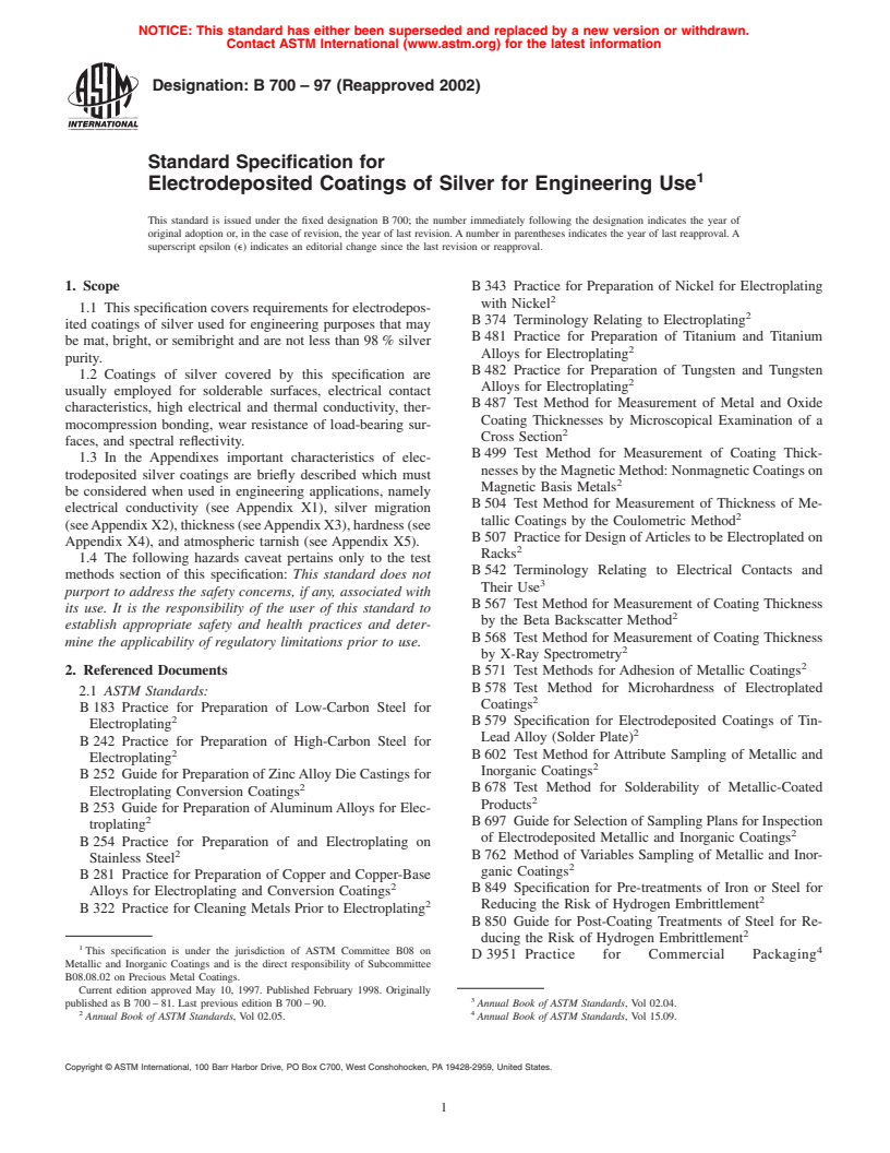 ASTM B700-97(2002) - Standard Specification for Electrodeposited Coatings of Silver for Engineering Use