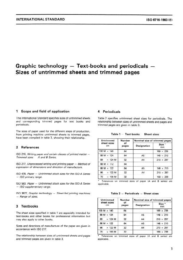 ISO 6716:1983 - Graphic technology -- Text-books and periodicals -- Sizes of untrimmed sheets and trimmed pages