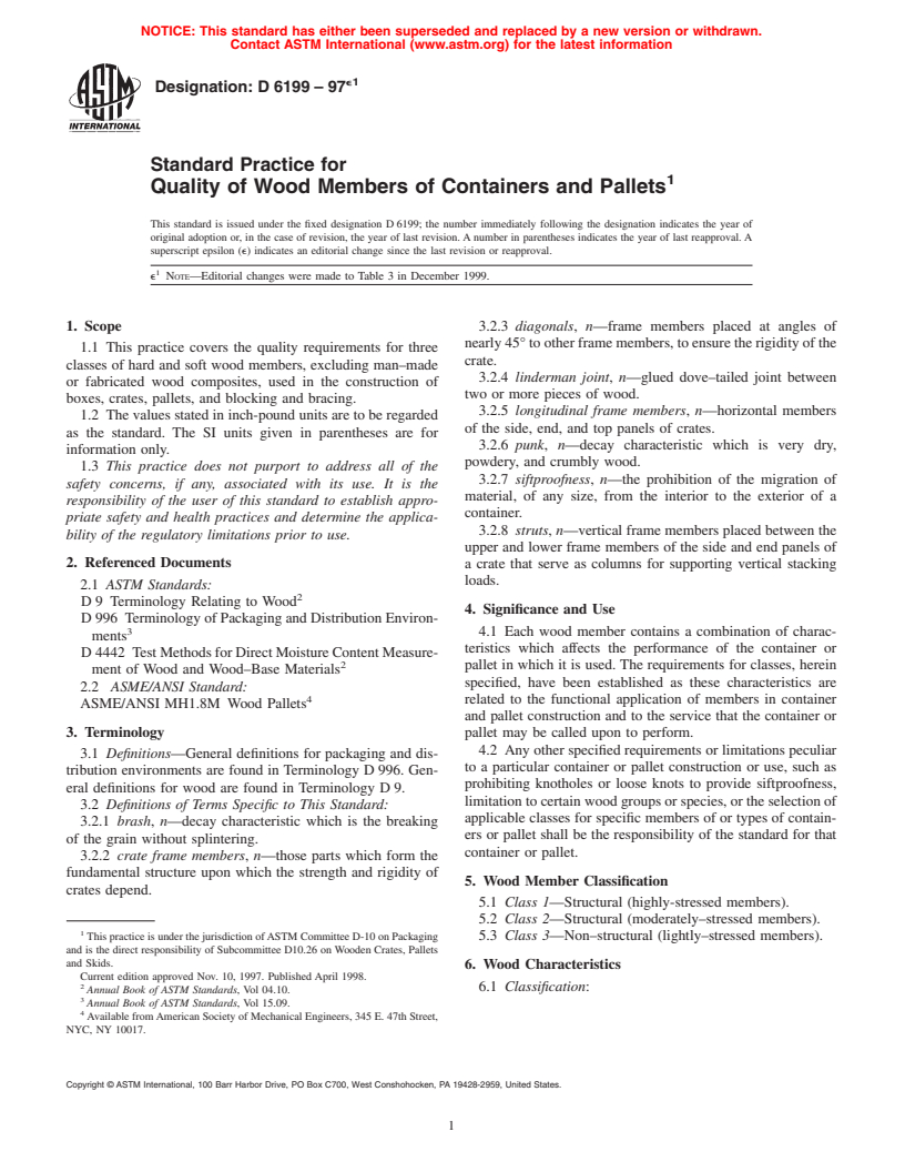 ASTM D6199-97e1 - Standard Practice for Quality of Wood Members of Containers and Pallets