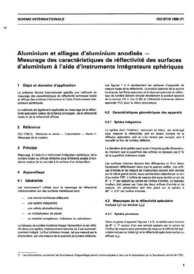 ISO 6719:1986 - Aluminium et alliages d'aluminium anodisés -- Mesurage des caractéristiques de réflectivité des surfaces d'aluminium a l'aide d'instruments intégrateurs sphériques