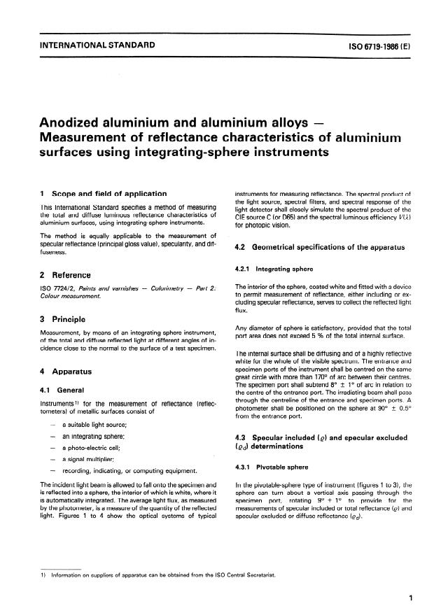 ISO 6719:1986 - Anodized aluminium and aluminium alloys -- Measurement of reflectance characteristics of aluminium surfaces using integrating-sphere instruments