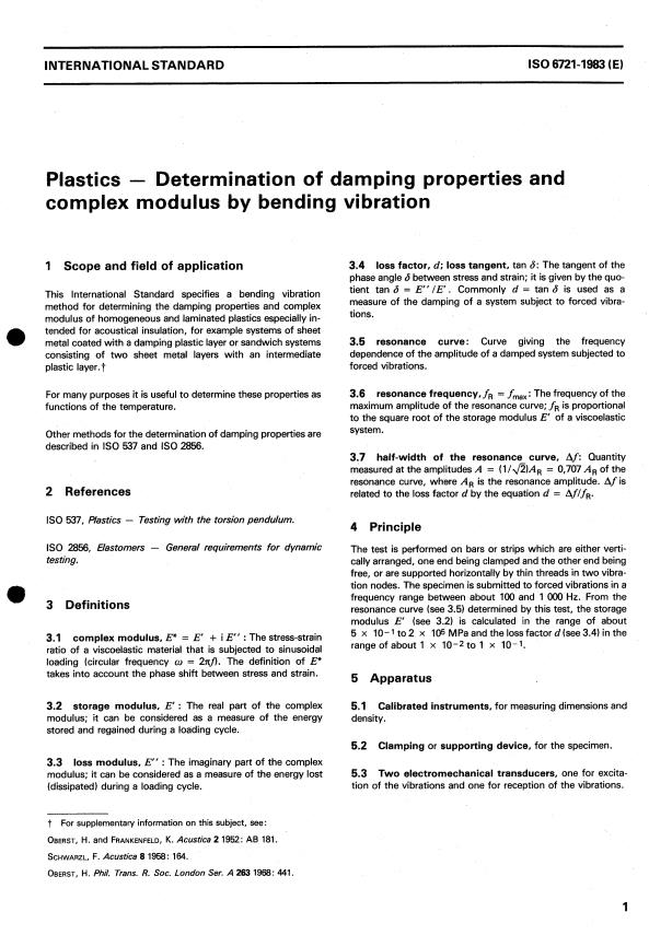 ISO 6721:1983 - Plastics -- Determination of damping properties and complex modulus by bending vibration